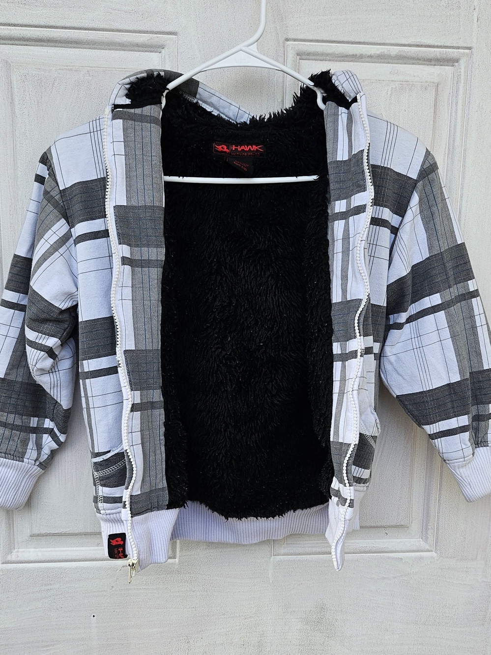 Tony Hawk Gray & White Plaid Hooded Jacket with Black Sherpa Size 8 M